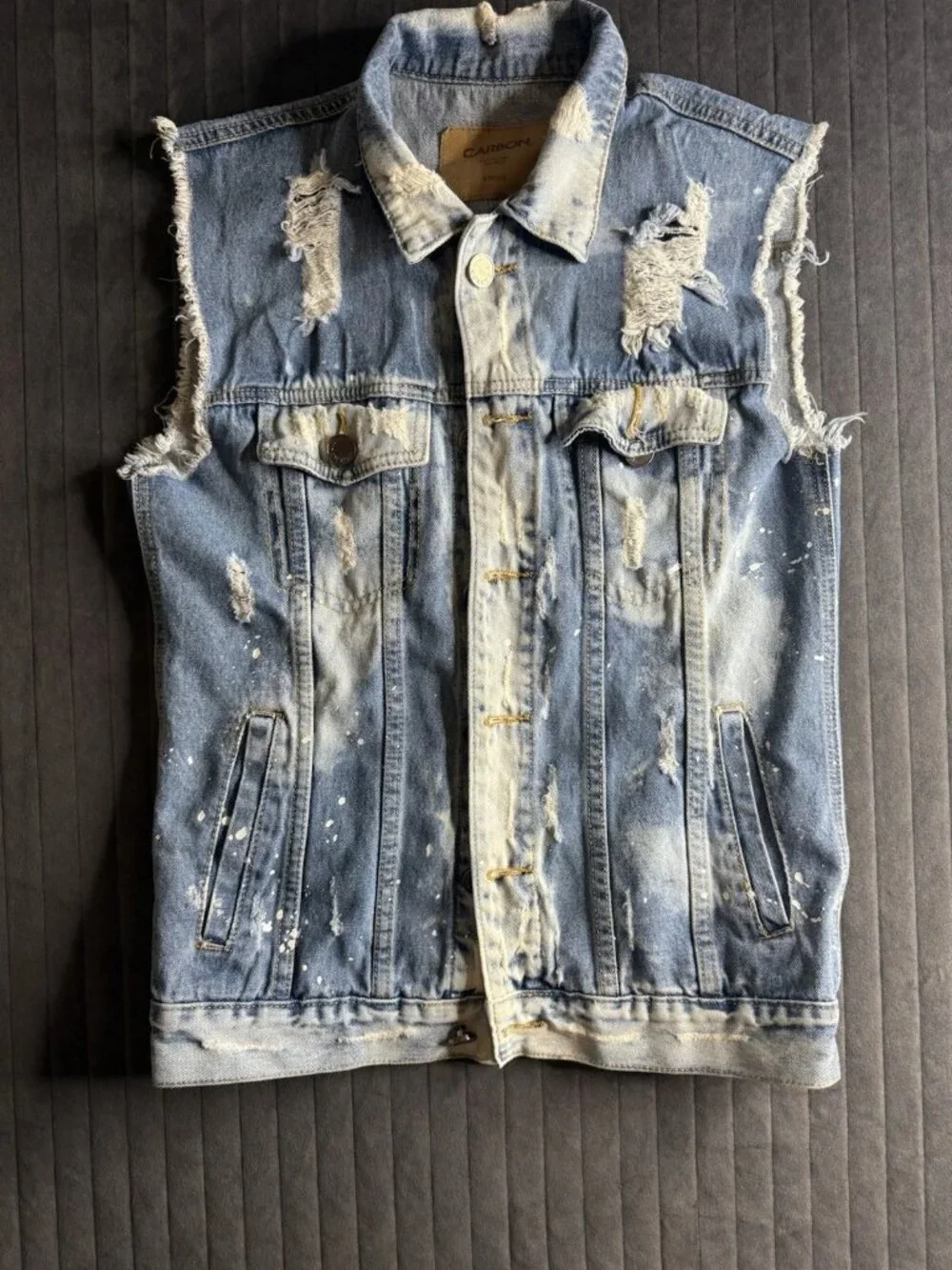 Carbon Blue Distressed Vest Button Logo Men Regular Size S Mid-Length Casual - Picture 2 of 3